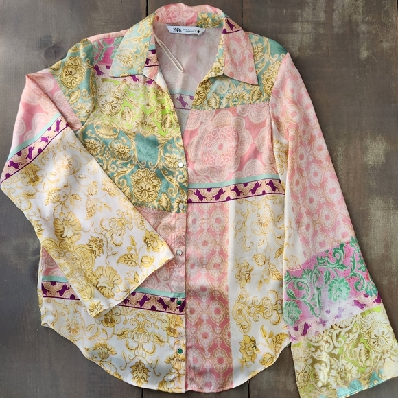Zara Tops - Zara Patchwork Satin Long Sleeve Button-Up Blouse – Size XS